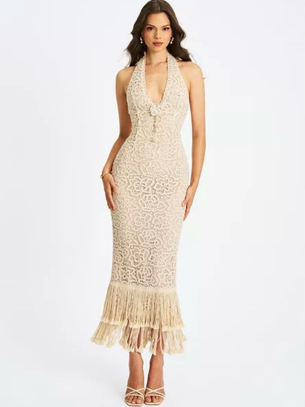 Miss Circle Faelyn Off-White Double Fringe Crochet Halter Maxi Dress - Size M